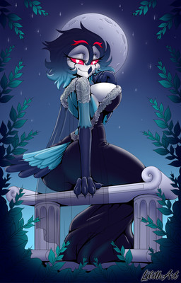 4_eyes anthro backless_clothing backless_dress big_breasts breasts butt claws clothing crossgender dress feathers female full_moon huge_breasts looking_at_viewer moon mtf_crossgender multi_eye plant red_eyes sitting smile solo tail tail_feathers translucent translucent_clothing spacefur hellaverse helluva_boss stolas_(helluva_boss) owl_demon hi_res