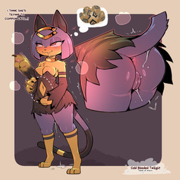 anthro anus blush bodily_fluids breasts claws clothing cutout digitigrade dress dripping drooling female footwear fur genital_fluids genitals humanoid_genitalia humanoid_vulva navel_cutout neck_ring purple_body purple_fur saliva socks solo tail text thought_bubble vaginal_fluid_drip vaginal_fluids vulva yellow_body yellow_fur cold-blooded-twilight palworld pocketpair felid feline mammal pal_(species) sekhmet_(pal) 1:1 2026 english_text hi_res