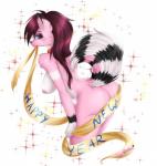 anthro banner black_nose blue_eyes blush breasts butt collar female fur hair heart_symbol holidays nipples nude pink_body pink_fur red_collar simple_background solo speech_scroll white_background bunnywhiskerz new_year canid canine canis domestic_dog mammal 2018 digital_media_(artwork) hi_res shaded