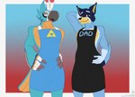 anthro apron apron_only beak blue_body blue_fur clothed clothing duo feathers fur looking_at_viewer male male/male mostly_nude muscular shy simple_background text jorge-the-wolfdog bluey_(series) breath_of_the_wild nintendo the_legend_of_zelda bandit_heeler kass_(tloz) australian_cattle_dog avian bird canid canine canis cattledog domestic_dog herding_dog mammal pastoral_dog rito digital_media_(artwork) english_text hi_res