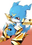 anthro armor blue_body dressing_up gold_(metal) gold_armor horn male red_eyes sitting monami_vee bandai_namco digimon digimon_(species) scalie veemon hi_res