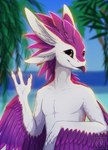 3_fingers 4_ears blep day detailed_background feathers fingers fur multi_ear outside purple_body purple_feathers purple_nose sky smile solo tongue tongue_out white_body white_fur silvyr avali avian 2021 digital_media_(artwork) hi_res