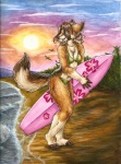 anthro beach bikini breasts brown_body brown_fur brown_hair chest_tuft claws cleavage clothed clothing detailed_background female fur green_eyes hair outside seaside side-tie_bikini skimpy sky solo string_bikini sun sunset surfboard surfer swimwear tail tight_clothing tuft two-piece_swimsuit vehicle watercraft silentravyn ambient_bird canid canine canis jackal mammal 2008 traditional_media_(artwork)