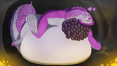 belly big_belly candlelight cave detailed_background eyes_closed fat_arms female feral heart_symbol huge_belly light morbidly_obese obese overweight pink_body raised_leg solo spikes spikes_(anatomy) tail thick_tail white_body white-dragon capcom european_mythology monster_hunter mythology samaroth bazelgeuse dragon flying_wyvern mythological_creature mythological_scalie scalie western_dragon wyvern 16:9 2026 4k absurd_res cel_shading hi_res shaded signature widescreen