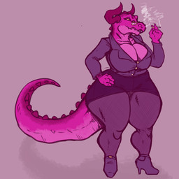 4_fingers anthro big_breasts biped bottomwear breasts cigarette claws cleavage clothed clothing eyewear female fingers footwear front_view glasses high_heels horn huge_breasts legwear lips looking_at_viewer mature_female non-mammal_breasts pantyhose shoes simple_background skirt smoking solo spikes standing suit tail teeth thick_bottom_lip thick_tail thick_thighs wide_hips signirsol adult_swim cartoon_network rick_and_morty interstellar_demon_stripper demon reptile scalie 2017 digital_media_(artwork) full-length_portrait portrait