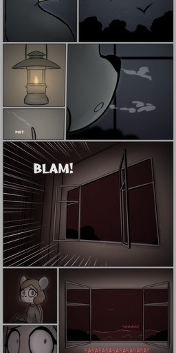 anthro breasts constricted_pupils evil_laugh female horror_(theme) lamp lantern laugh onomatopoeia pupils scared small_pupils solo sound_effects text e254e de_vermis_mysteriis_(book) avian bird corvid corvus_(genus) mammal mouse murid murine oscine passerine raven rodent absurd_res hi_res smaller_version_at_source