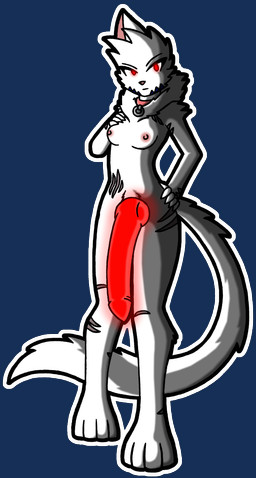anthro big_penis blue_stripes breasts collar fluffy fluffy_tail fur genitals glowing glowing_eyes glowing_genitalia glowing_penis gynomorph hand_on_chest hand_on_hip huge_penis hyper hyper_genitalia intersex long_tail neck_tuft penis red_eyes scar scars_all_over small_breasts solo stripes tail torn_ear tuft white_body white_fur miksu4542 felid feline mammal alpha_channel hi_res