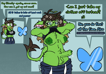 accessory areola ball_tuft balls big_ears big_nose blotchy_areola blue_eyes bluesky_logo blush blush_lines bodily_fluids bottomwear bottomwear_down breasts clothed clothing clothing_lift crotch_tuft dialogue dripping eyelashes eyewear flower flower_in_hair fluffy freckled_arms freckled_chest freckled_face freckled_hips freckles fur genital_fluids genitals glasses green_body green_fur gynomorph hair hair_accessory intersex long_eyelashes montgomery_glands neck_tuft pants pants_down partially_clothed penis plant precum precum_drip silly solo standing tail text tuft vulva wearing_glasses cinnalynn bluesky_(social_media) zynnia_beetlepocket goblin humanoid comic english_text hi_res
