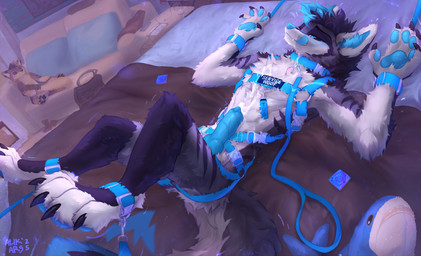 animal_genitalia animal_penis anthro bed bed_sheet bedding bedroom blue_eyes blue_pawpads bodily_fluids body_harness canine_genitalia canine_penis claws collar cuff_(restraint) cum cum_on_body cum_on_chest cum_on_self detailed_background erection finger_claws fur furniture genital_fluids genitals grey_body grey_fur harness knot knotted_penis leash leashed_collar licking licking_lips licking_own_lips lying male male_anthro multicolored_body multicolored_fur nude_anthro nude_male on_back pawpads paws penis plushie restrained restraints service_dog_harness solo toe_claws tongue tongue_out white_body white_fur alikars canid canine mammal hi_res