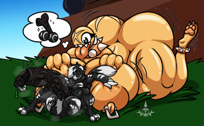 anthro areola ball balls biceps big_balls big_breasts big_butt big_penis bodily_fluids bone breasts butt chain collar duo female fur genital_fluids genitals gold_(metal) gold_body hair huge_balls huge_penis humanoid_genitalia humanoid_penis hyper hyper_balls hyper_genitalia hyper_penis larger_female male male/female muscular muscular_anthro muscular_female muscular_male nipple_piercing nipples nude outside paws pecs penis piercing sharp_teeth simple_background size_difference smile spiked_collar spikes tail teeth tennis_ball thick_thighs thought_bubble tongue tongue_out mr.ink mario_bros nintendo edwin_inculous_(character) gigi_(thecoatl034) chain_chomp felid feline felis humanoid mammal pantherine tiger absurd_res digital_media_(artwork) hi_res