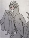 anthro blush fin horn looking_at_viewer male membrane_(anatomy) membranous_wings nude shy smile solo winged_arms wings drpickelle european_mythology mythology dragon mythological_creature mythological_scalie scalie western_dragon wyvern greyscale monochrome