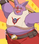 armor belly big_belly blush kemono male open_mouth overweight overweight_male purple_body simple_background solo 0119_muu dragon_ball dragon_ball_daima gaimoi unknown_species 2025