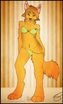 anthro anthropornorphic bedroom_eyes black_border border bra canid canine canis clothed clothing domestic_dog female fox half-closed_eyes looking_at_viewer mammal narrowed_eyes off_shoulder panties pinup pose seductive solo tail underwear