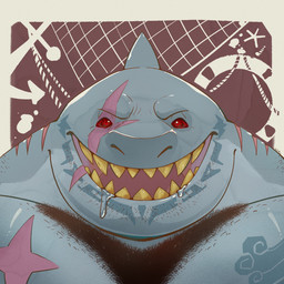 anthro beard blue_body bodily_fluids body_hair chest_hair chest_markings drooling facial_hair facial_markings facial_scar front_view gills glistening glistening_eyes head_markings looking_at_viewer male male_anthro markings muscular muscular_anthro muscular_male nude open_mouth open_smile overweight overweight_anthro overweight_male red_eyes saliva scar smile solo speech_bubble teeth text yellow_teeth chocolateandmilk aquatic fish shark 1:1 bust_portrait english_text hi_res portrait