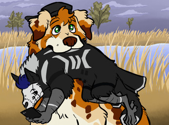 anthro claws clothing duo electronics feral grass hair hat headgear headwear male multi_eye outside phone plant size_difference tree anactuallion avian canid canine canis domestic_dog mammal hi_res