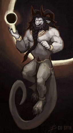 anthro dark fur gold_(metal) gold_jewelry horn jewelry long_tail male muscular necklace pigtails pubes solo sun tail cu_sith_(artist) demon digital_media_(artwork) hi_res sketch