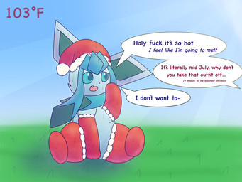 ambiguous_gender bodily_fluids christmas_clothing clothing dialogue feral footwear heat_(temperature) holidays legwear musk refusing socks solo stockings sweat sweatdrop nanabsylve christmas nintendo pokemon eeveelution generation_4_pokemon glaceon pokemon_(species) hi_res