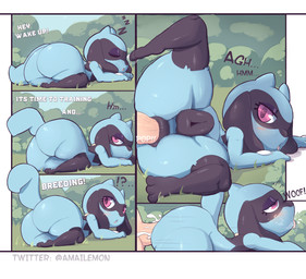 anal anal_penetration animal_genitalia animal_vulva anthro anus ass_up big_butt blue_body bodily_fluids butt butt_focus canine_genitalia canine_vulva cum cum_in_ass cum_inside dialogue doggystyle duo female from_behind_position genital_fluids genitals interspecies looking_back looking_pleasured male male/female nude open_mouth penetration pink_eyes pokephilia raised_leg raised_tail sex sleeping spread_legs spreading surprise surprised_expression tail thick_thighs tired vulva waking_up amailemon nintendo pokemon generation_4_pokemon human mammal pokemon_(species) riolu comic hi_res