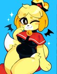 anthro bat_wings bell bell_collar black_clothing black_leotard blue_background blush cloak clothing collar cosplay female fur leotard membrane_(anatomy) membranous_wings one_eye_closed red_cloak red_clothing simple_background slightly_chubby slightly_chubby_anthro slightly_chubby_female smile solo tail thick_thighs white_body white_fur wings wink yellow_body yellow_fur krinjuicy animal_crossing cult_of_the_lamb massive_monster_(studio) nintendo isabelle_(animal_crossing) lamb_(cult_of_the_lamb) red_crown_(cult_of_the_lamb) canid canine canis domestic_dog mammal shih_tzu toy_dog hi_res