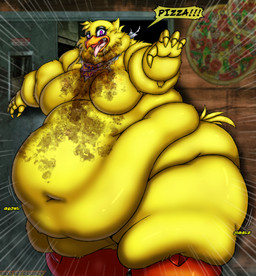 anthro beak belly bib big_belly big_breasts bodily_fluids breasts deep_navel door drooling feathers featureless_breasts female fingers food huge_belly huge_breasts huge_thighs jiggling machine messy morbidly_obese morbidly_obese_anthro morbidly_obese_female navel obese obese_anthro obese_female open_beak open_mouth overweight overweight_anthro overweight_female pink_eyes pizza rumbling_stomach saliva solo teeth text thick_thighs tongue tongue_out torn_bib yellow_body yellow_feathers viroveteruscy five_nights_at_freddy's scottgames chica_(fnaf) animatronic avian bird chicken galliform gallus_(genus) phasianid robot 2025 absurd_res digital_media_(artwork) english_text hi_res