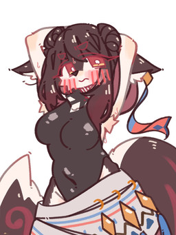 anthro armpit_hair black_clothing black_leotard black_nose blush blush_lines bodily_fluids body_hair bottomwear breasts brown_body brown_fur brown_hair clothing eyelashes female fur hair hands_behind_head inner_ear_fluff leotard looking_at_viewer markings medium_breasts pose pupils red_eyes red_markings simple_background solo sweat tail tan_body tan_fur tuft white_background white_pupils kgs701 canid canine fox mammal 3:4 colored digital_drawing_(artwork) digital_media_(artwork) flat_colors hi_res