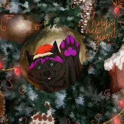 ambiguous_feral ambiguous_gender black_body black_fur black_hair black_nose blue_eyes christmas_clothing christmas_decorations christmas_headwear christmas_ornament clothing feral front_view fur glistening glistening_eyes hair hat headgear headwear holidays looking_at_viewer multicolored_hair open_mouth open_smile ornament pawpads purple_hair purple_pawpads red_clothing red_hat red_headwear reflection santa_hat smile solo two_tone_hair msdeadsoul christmas canid canine mammal 1:1 hi_res
