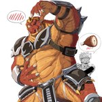 anthro armor blush blush_lines duo humanoid_hands kemono male musclegut muscular overweight overweight_male simple_background white_background masabowser dragon_quest dragon_quest:_the_adventure_of_dai square_enix crocodine crocodile crocodilian human mammal reptile scalie 1:1 2021