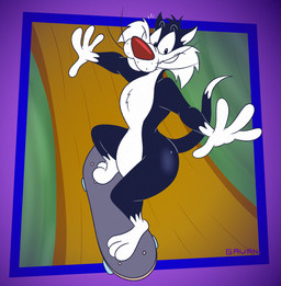 3_toes 4_fingers abstract_background anthro belly big_butt biped black_body black_eyes black_fur butt cheek_tuft curvy_figure dipstick_tail facial_tuft feet fingers fur glance glistening glistening_butt gloves_(marking) half-pipe head_tuft humanoid_hands humanoid_heel leg_markings lines_drawn male markings nude plantigrade pose red_nose skateboard skateboarding slightly_chubby slightly_chubby_anthro slightly_chubby_male smile socks_(marking) solo spread_arms spread_fingers tail tail_markings toes toony tuft vehicle wavy_mouth wavy_smile whisker_spots whiskers white_belly white_body white_feet white_fur white_hands white_sclera white_tail_tip wide_hips gavanzude looney_tunes warner_brothers sylvester_(looney_tunes) domestic_cat felid feline felis mammal tuxedo_cat 2026 alternate_version_at_paywall colored digital_drawing_(artwork) digital_media_(artwork) flat_colors hi_res pinup signature