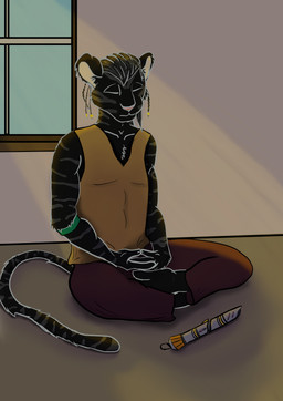 anthro beaded_hair black_body braided_hair clothed clothed_anthro clothing eyes_closed hair light light_beam light_through_window lightsaber male meditation melee_weapon shirt solo sunbeam sunlight topwear tunic weapon window otterwolfashe star_wars torrosh_(otterwolfashe) felid feline mammal pantherine tiger togorian absurd_res hi_res