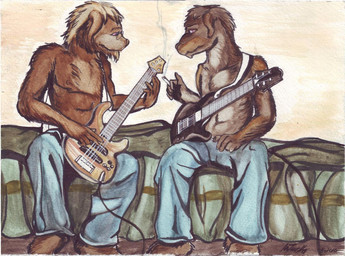 anthro barefoot bass_guitar bed bed_sheet bedding bedroom blonde_hair bottomwear brown_body brown_fur chest_tuft clothed clothing denim denim_bottomwear denim_clothing drugs duo electric_guitar feet fur furniture grey_body grey_fur guitar hair inside jeans light_body light_fur male marijuana musical_instrument pants partially_clothed playing_guitar playing_music plucked_string_instrument sitting smoke smoking smoking_marijuana string_instrument topless tuft yellow_body yellow_fur divdurvart canid mammal 2010 painting_(artwork) traditional_media_(artwork) traditional_painting_(artwork) traditional_watercolor_(artwork) watercolor_(artwork)