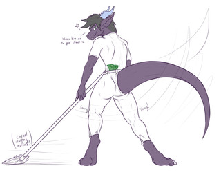 anthro big_tail butt claws cleaning cleaning_tool dialogue looking_at_viewer looking_back looking_over_shoulders male money_in_legwear mop paws raised_tail smile smirk solo spread_legs spreading tail talking_to_viewer text conditional_dnp samagthrav2 mythology mr._clean samagthra dragon mythological_creature mythological_scalie scalie 5:4 absurd_res english_text hi_res