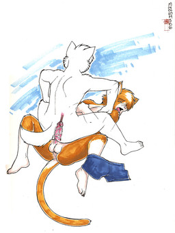 anal anal_penetration anthro anthro_on_anthro balls bodily_fluids cowgirl_position cum cum_inside duo erection from_front_position genital_fluids genitals humanoid_genitalia humanoid_penis internal lying male male/male male_on_bottom male_on_top male_penetrated male_penetrating male_penetrating_male nude on_back on_bottom on_top penetration penis sex straddling tail meesh domestic_cat felid feline felis mammal 2006 digital_media_(artwork) marker_(artwork) traditional_media_(artwork)