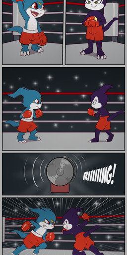 anthro arena barefoot boxing boxing_gloves boxing_shorts claws clothed clothing duo feet fight fighting_ring green_eyes handwear horn male red_eyes sharp_teeth shortstack shortstack_male sport teeth toe_claws topless topless_anthro topless_male e254e bandai_namco digimon digimon_(species) impmon veemon absurd_res hi_res