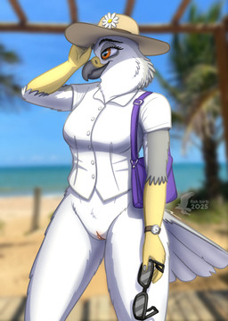 anthro beach bottomless bottomless_female breasts casual_clothing casual_exposure clock clothed clothing collared_shirt dress_shirt eyewear female genitals hat headgear headwear purse shirt solo summer sun_hat sunglasses topwear vulva watch fish_birb annie_(fish_birb) accipitrid accipitriform avian bird kite_(bird) white-tailed_kite absurd_res hi_res