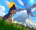 2021 absurd_res ambiguous_gender belly blue_eyes blue_sky bokurei cloud day detailed_background duo dutch_angle feral fire flaming_hair flying generation_2_pokemon glistening glistening_eyes grass hi_res kerchief legendary_pokemon lens_flare looking_at_viewer low-angle_view lugia luke_(bokurei) mountain neckerchief nintendo orange_kerchief orange_neckerchief outside plant pokemon pokemon_(species) pokemon_mystery_dungeon pseudo_hair quilava red_eyes redraw sitting sky smile spike_chunsoft sun tailbutt wide_crotch worm's-eye_view