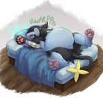 bed belly big_belly blue_body burping feral furniture inside lying on_back overweight overweight_feral rumbling_stomach solo gummyfruitcup nintendo pokemon generation_4_pokemon luxray pokemon_(species) 2024 hi_res