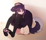 black_clothing clothed clothing collar hair inner_ear_fluff male partially_clothed paw_socks solo tail tuft matemi toebeanies shoto_(vtuber) animal_humanoid canid canid_humanoid canine canine_humanoid dog_humanoid humanoid mammal mammal_humanoid hi_res