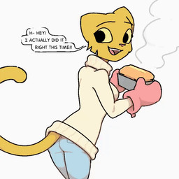 anthro baking cooking female looking_back solo speech_bubble text filthypally microsoft prequel_adventure the_elder_scrolls katia_managan felid khajiit mammal 1:1 2025 2_frame_animation animated better_version_at_source