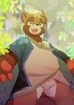 anthro asian_clothing biped black_nose brown_body bulge clothing east_asian_clothing fundoshi japanese_clothing kemono male overweight overweight_male solo underwear white_clothing white_fundoshi white_underwear mrshu canid canine mammal raccoon_dog tanuki 2022 absurd_res hi_res