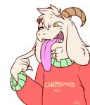 anthro christmas_clothing christmas_sweater christmas_topwear clothed clothing fur gesture hand_gesture holidays horn long_ears long_tongue male open_mouth pointing pointing_at_head pointing_at_self simple_background solo sweater teeth text text_on_clothing text_on_sweater text_on_topwear tongue tongue_out topwear white_body white_fur yellow_eyes sav_(artist) christmas undertale undertale_(series) asriel_dreemurr boss_monster_(undertale) bovid caprine goat mammal 2015 english_text