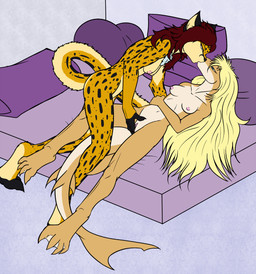 anthro bed breasts clitoral clitoral_rubbing clitoris corruption duo female female/female fingering furniture genitals kissing lying lying_on_bed nipples nude on_back on_bed penetration sex vaginal vaginal_penetration vulva dragonofdarkness13 daemon_longtail aquatic cheetah felid feline fish mammal shark 2017 hi_res