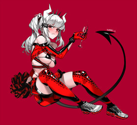 beverage blush bottomwear bra breasts cheerleader clothed clothing female footwear hair horn latex latex_clothing legwear looking_at_viewer red_eyes shoes shorts simple_background sitting skimpy sneakers solo spade_tail spandex spandex_shorts tail text text_on_clothing thigh_highs tight_bottomwear tight_clothing tight_shorts underwear white_hair gaak11977 helltaker lucifer_(helltaker) demon demon_humanoid humanoid mammal