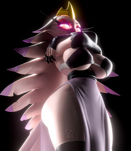angry anthro arms_over_breasts armwear beak big_breasts black_armwear black_background black_bra black_clothing black_elbow_gloves black_fingerless_gloves black_fingers black_gloves black_handwear black_legwear black_thigh_highs black_underwear bottomwear bra breasts clothing crossed_arms crown curvy_figure elbow_gloves eyelashes eyeshadow feather_hair feathers female fingerless_gloves gloves glowing glowing_eyes handwear headgear hourglass_figure legwear long_eyelashes looking_at_viewer makeup non-mammal_breasts pink_beak pink_sclera pseudo_hair purple_bottomwear purple_clothing purple_eyeshadow purple_skirt side_slit side_slit_skirt simple_background skirt solo standing thick_thighs thigh_highs underwear white_body wide_hips impaer_jaster valorlynz_(modeler) hellaverse helluva_boss stella_(helluva_boss) anatid anseriform anserine avian bird swan 2026 3d_(artwork) digital_media_(artwork) hi_res watermark