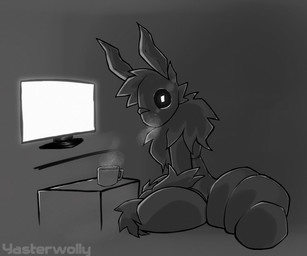 ambiguous_gender antennae_(anatomy) anthro arm_tuft black_eyes container crossed_legs cup electronics leg_tuft looking_at_viewer neck_tuft pupils simple_background solo steam steamy_breath television tuft white_pupils yasterwolly yaster_(yasterwolly) arthropod insect lepidopteran moth 6:5 absurd_res hi_res monochrome