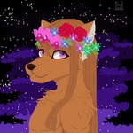 anthro flower flower_accessory flower_crown flower_on_head fur hair innocence long_hair male orange_body orange_fur plant purple_eyes side_eye solo tbombass kino_iskandar_(tbombass) canid canine dhole mammal 1:1 digital_media_(artwork) pixel_(artwork)