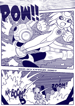 anthro armor attack dialogue explosion fist frown group headgear helmet jumping kick male male_anthro onomatopoeia open_mouth smoke sound_effects standing text trio cyyeun xen_(series) switch_(xen) bear humanoid mammal unknown_species 2007 artist_name blue_and_white blue_monochrome comic dated digital_drawing_(artwork) digital_media_(artwork) english_text monochrome