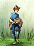 anthro blue_clothing clothing fluffy fluffy_tail forest fur hair long_tail looking_at_viewer male plant shirt small_ears smile solo standing tail topwear tree walking fennefox canid canine corsac_fox fox mammal true_fox 3:4 digital_media_(artwork) hi_res