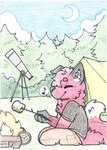 ambiguous_gender anthro black_body black_clothing black_ears black_fur black_nose black_paws black_shirt black_topwear bottomwear campfire camping camping_tent candy cargo_pants clothing dessert eyes_closed floppy_ears fluffy fluffy_tail food fur hair inner_ear_fluff khaki_pants marshmallow moon multicolored_body multicolored_fur musical_note musical_symbol pants plant red_body red_fur red_hair shirt smile solo symbol t-shirt tail telescope tent topwear tree tuft white_body white_fur white_inner_ear_fluff nicopossum jesam_(jesam) canid canine fox mammal red_fox true_fox absurd_res hi_res traditional_media_(artwork) nonbinary_(lore)
