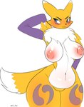 anthro armwear blue_eyes blush breasts clothing elbow_gloves female gloves handwear looking_aside navel nipples pose slightly_chubby smile solo wide_hips artply bandai_namco digimon canid digimon_(species) mammal renamon absurd_res hi_res