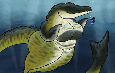 anthro blue_body blue_scales breasts bubble clothing duo featureless_breasts female fin green_body green_scales hat headgear headwear male nude overweight overweight_female scales sharp_teeth slightly_chubby tail tail_fin teeth thick_thighs toony_eyes top_hat underwater water white_body white_scales eviltadpoletail jurassic_park jurassic_world jurassic_world:_rebirth universal_studios aquatic dinosaur mosasaur mosasaurus prehistoric_species reptile saurischian scalie spinosaurid spinosaurus theropod hi_res